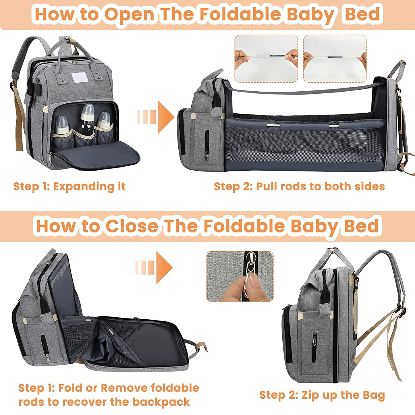 Baby Nappy Changing Bag with built in baby bed - Optional USB Charger