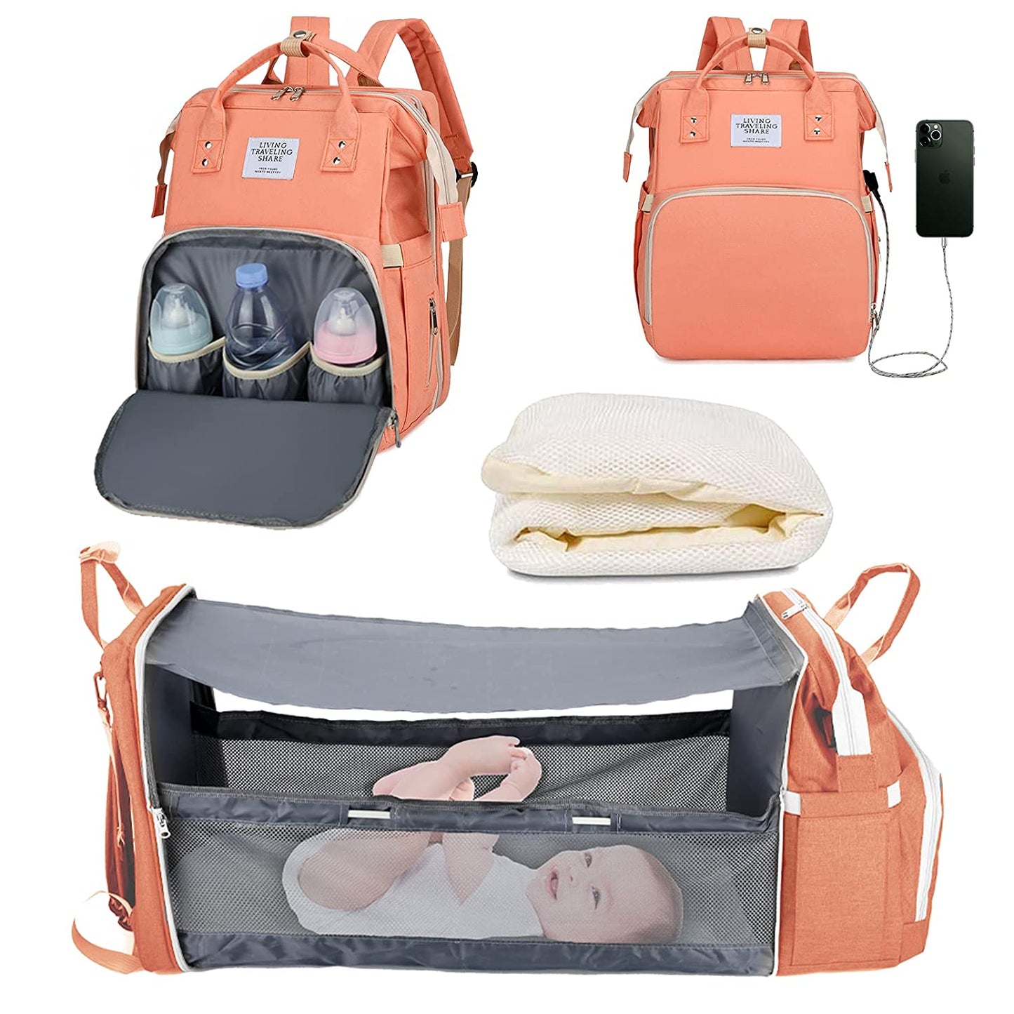 Baby Nappy Changing Bag with built in baby bed - Optional USB Charger