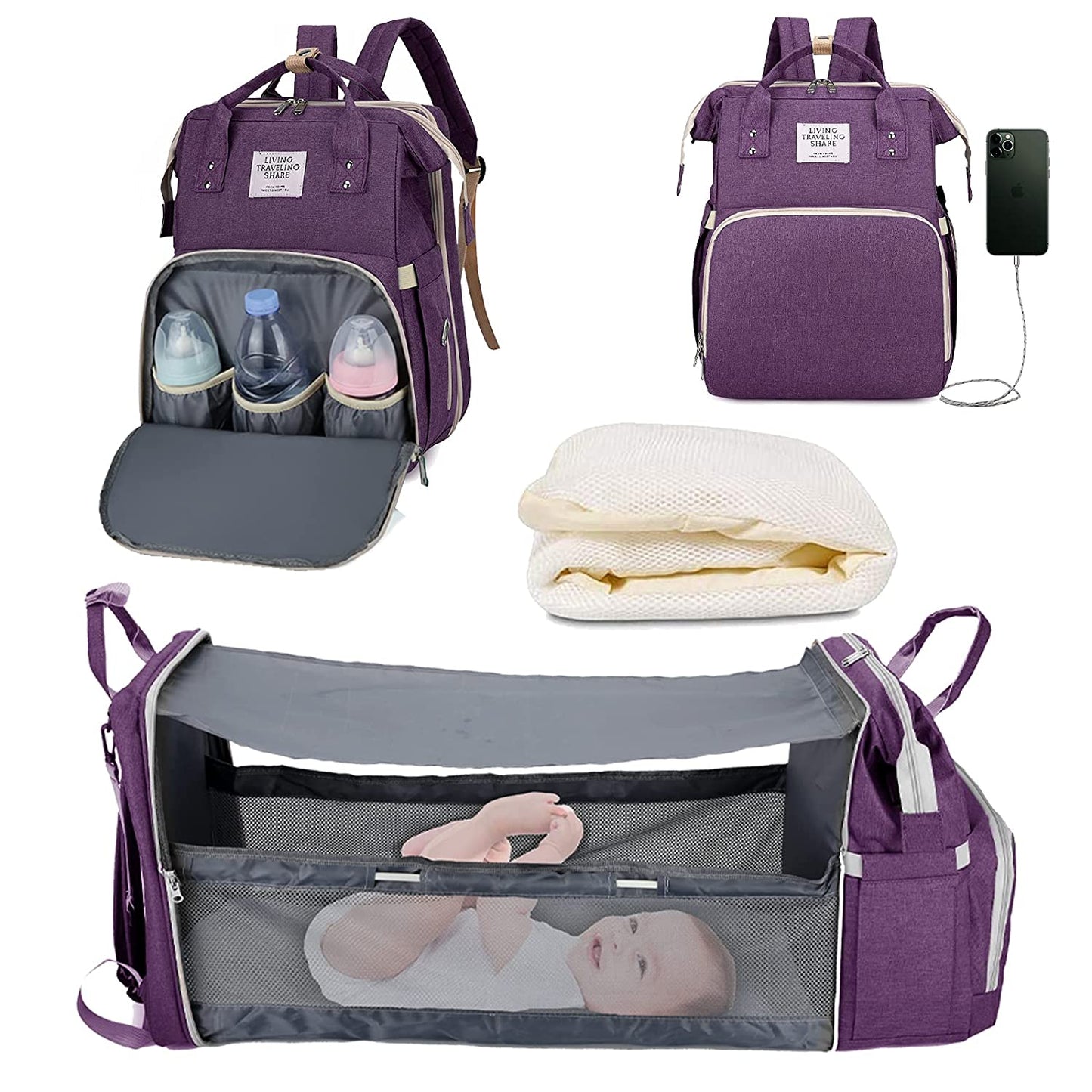 Baby Nappy Changing Bag with built in baby bed - Optional USB Charger