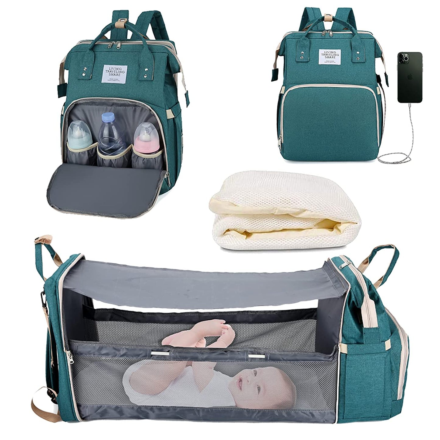 Baby Nappy Changing Bag with built in baby bed - Optional USB Charger