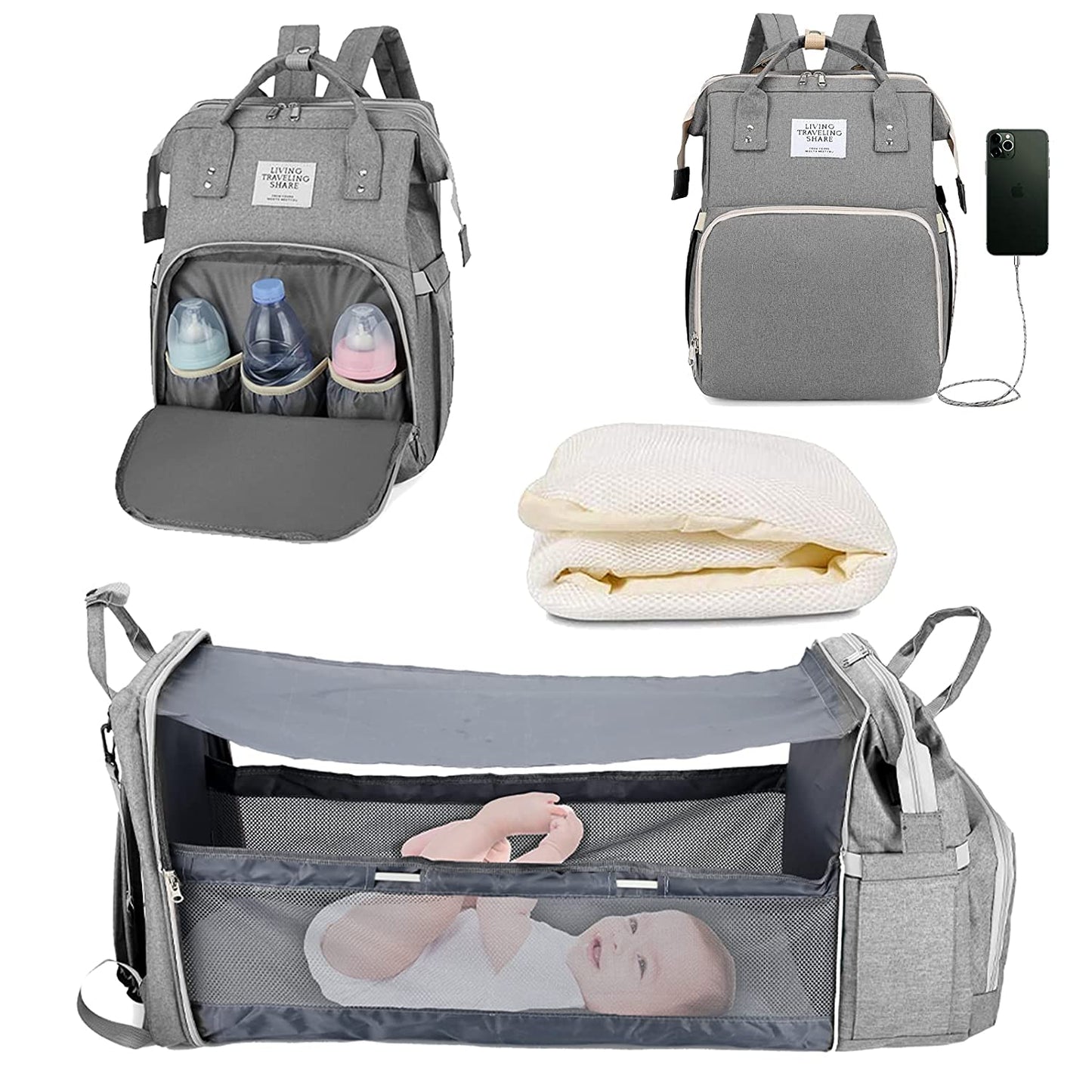 Baby Nappy Changing Bag with built in baby bed - Optional USB Charger