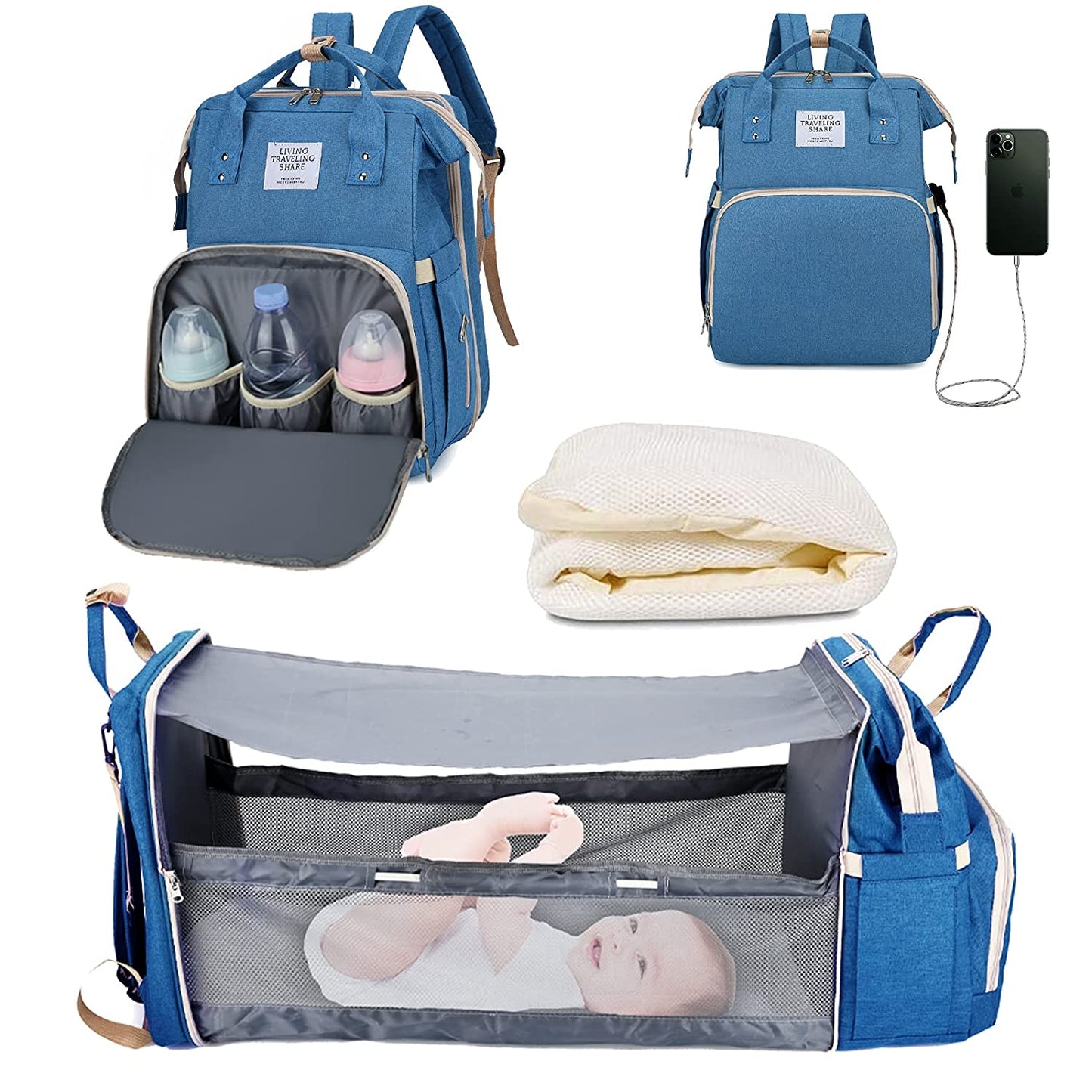 Baby Nappy Changing Bag with built in baby bed - Optional USB Charger