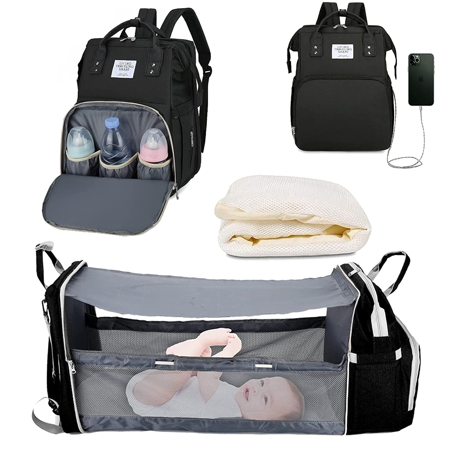 Baby Nappy Changing Bag with built in baby bed - Optional USB Charger