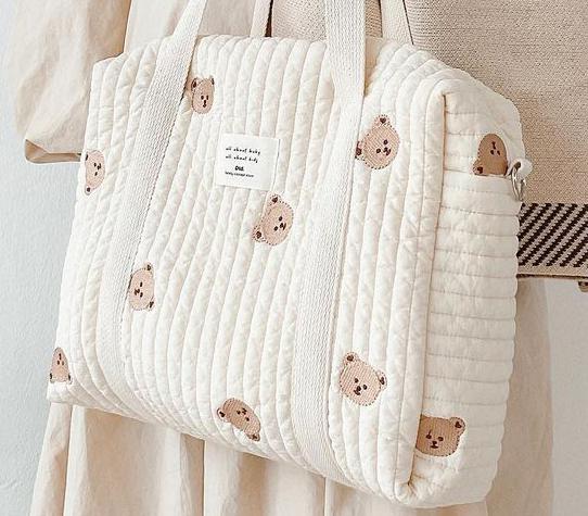 Cute Bear Flower Embroidery Pattern Baby Beige Cotton Fabric Zipper Diaper Handbag