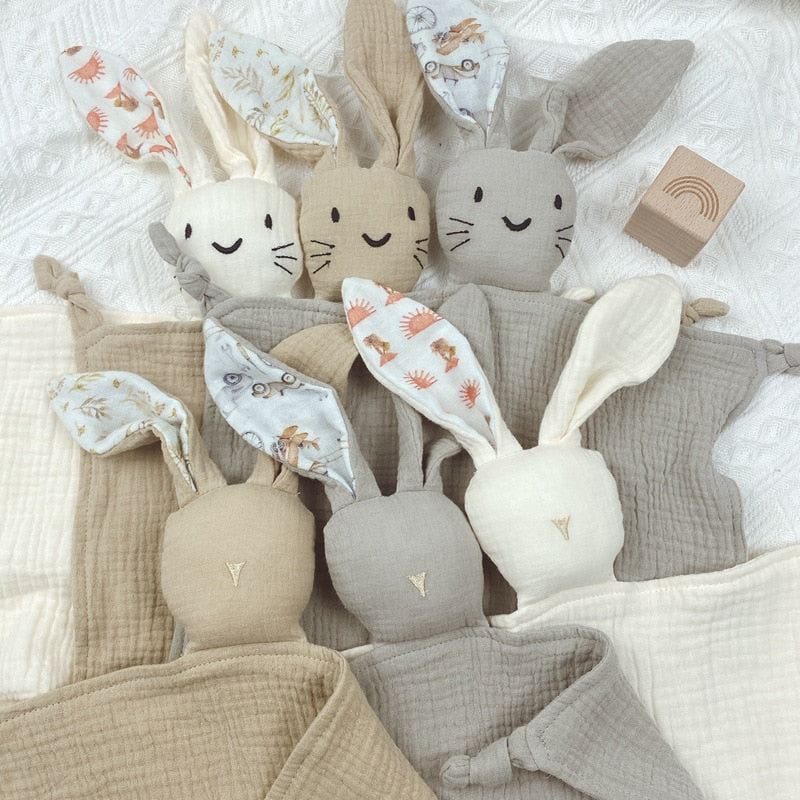 Soft Cotton Muslin Baby Bib Stuffed Rabbit Doll – The Busy Baby Company